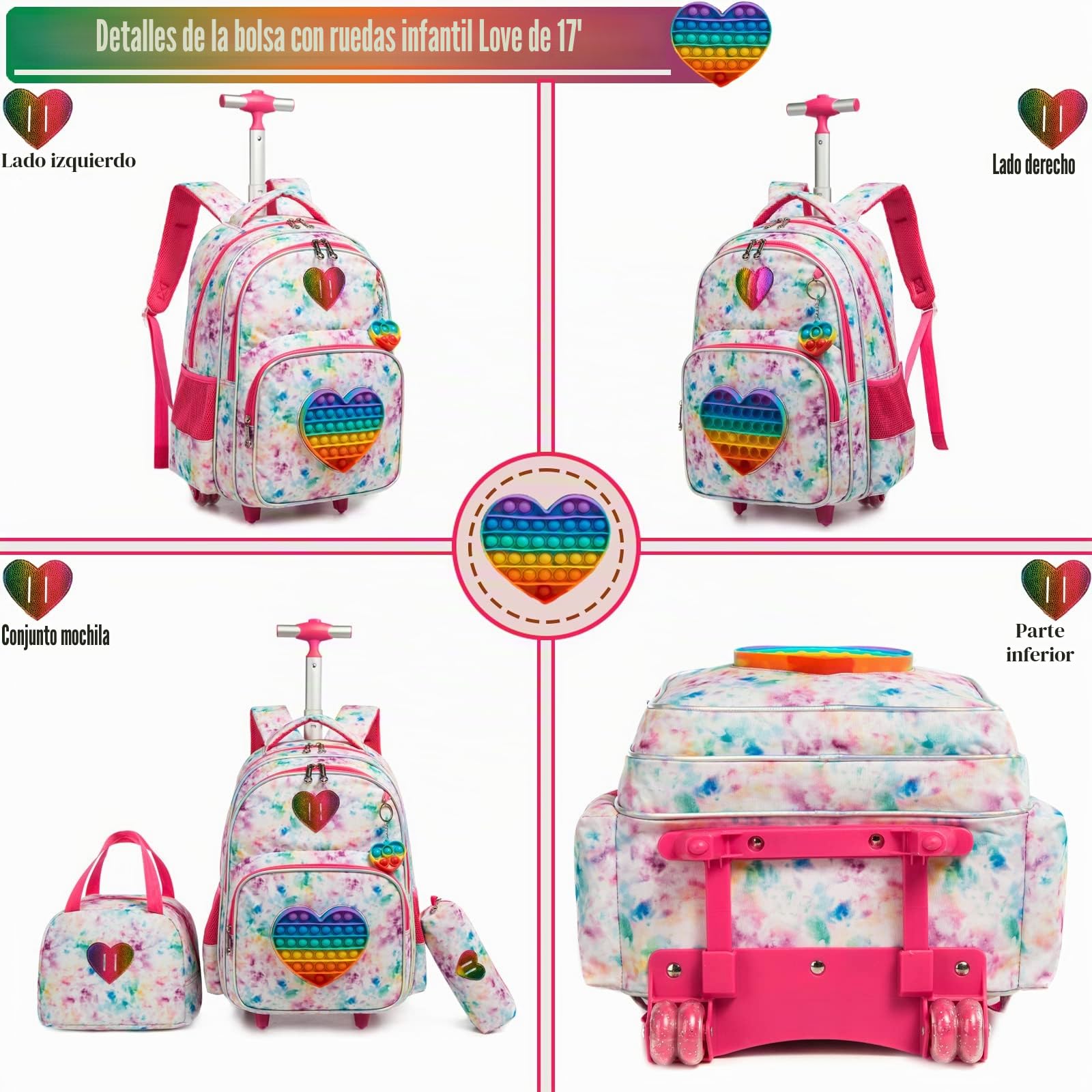 Mochilas Escolares con Ruedas Para Niñas,3PCS Mochila Carro Bolsa del Almuerzo y Estuche de Lápices Bolsos Escolares Para Chicas,17" Maleta Niños con Ruedas de Viaje Juguete de Love Mochila Para Niñas