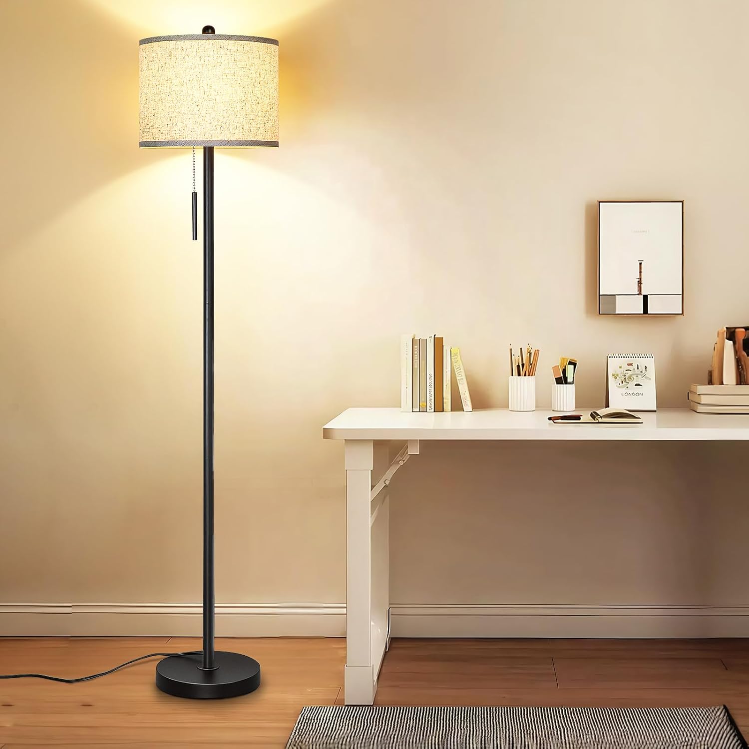 Qingmiao Floor Lamp for Living Room, 63in Black Standing Lamp, 3-Way Dimmable Floor Lamp for Bedroom, Tall Lamp with White Linen Shade for Office