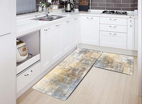 Vista 222 de TOMWISH - Tapetes de cocina para piso, color turquesa, gris, abstracto, pintura artística, 17 x 48 + 17 x 24 pulgadas, juego de alfombras de cocina