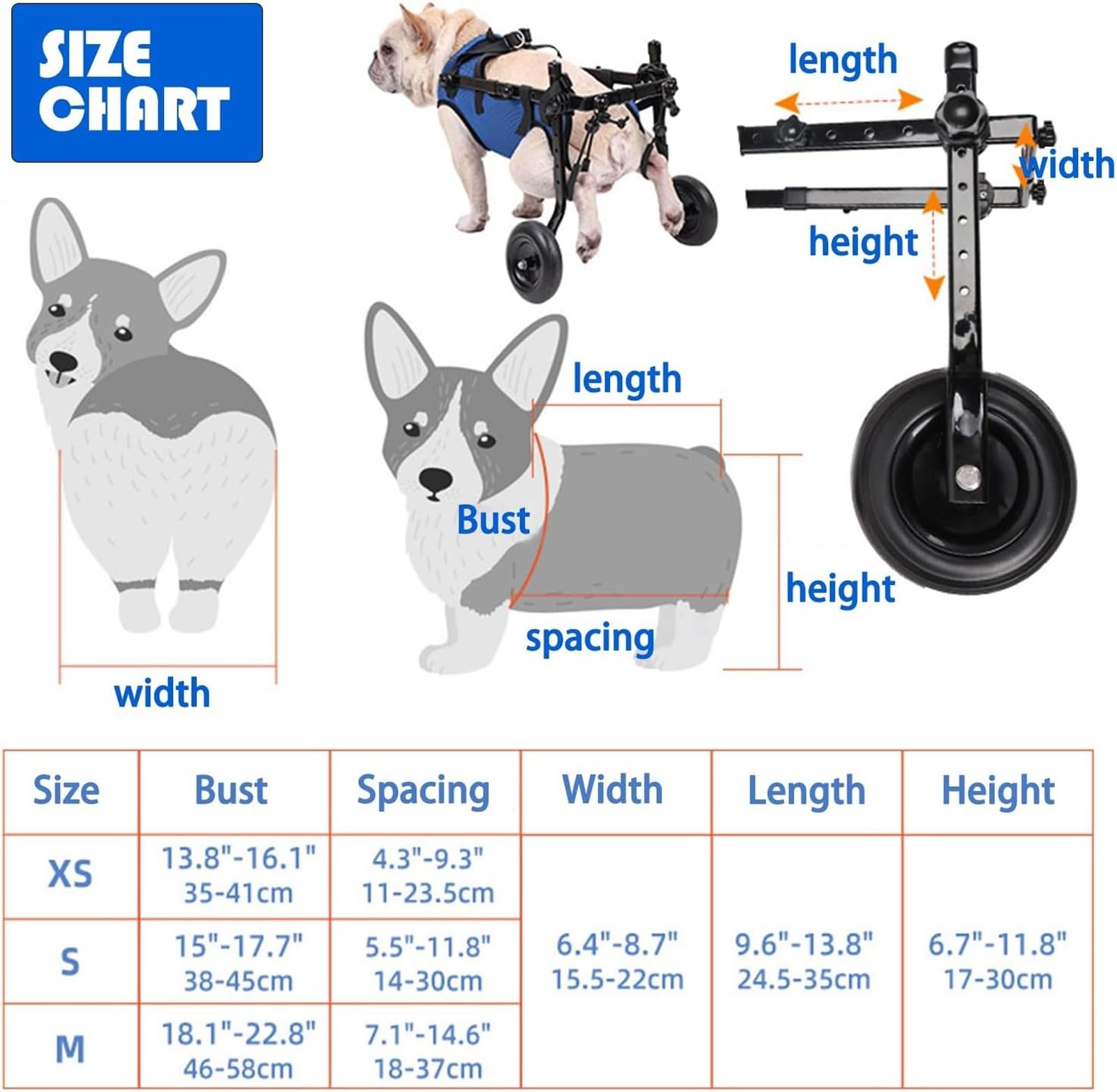 Carrello Mobilità Sedia A Rotelle per Cani, Sedie A Rotelle Regolabili per Animali Domestici per Animali Domestici Disabili, Tutore Gambe E Supporto per L'Anca(X-Small)