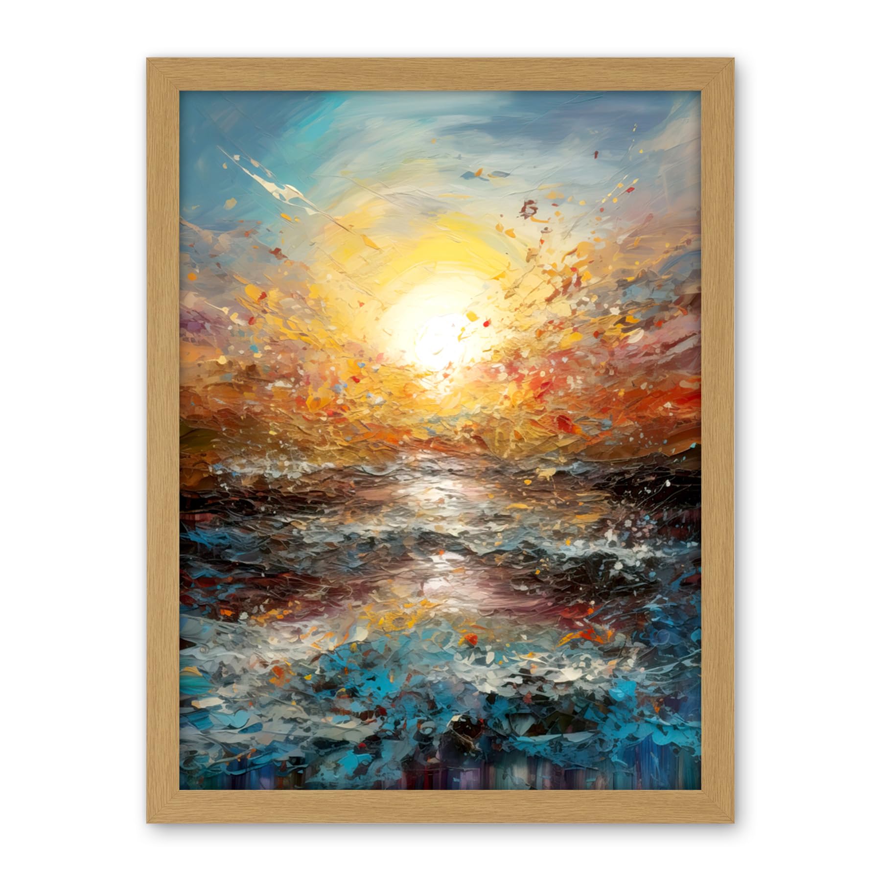 Artery8 Sunrise at Sea Abstract Seascape Splatter Art Artwork Framed Wall Art Print 18X24 Inch