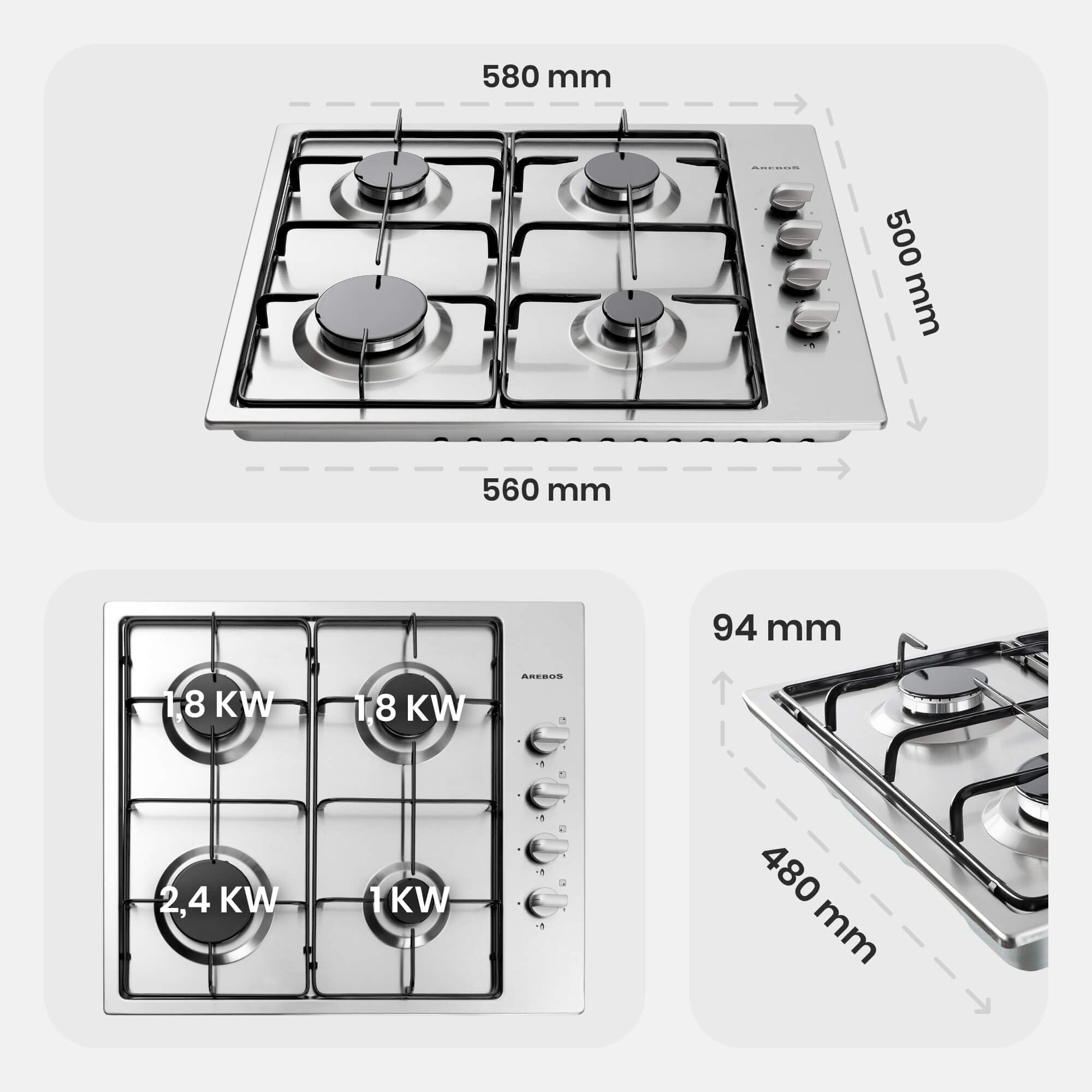 Arebos Table de cuisson à gaz 4 feux | 58 cm Cuisinière à gaz en acier inoxydable avec protection automatique contre les flammes | Gaz naturel ou propane