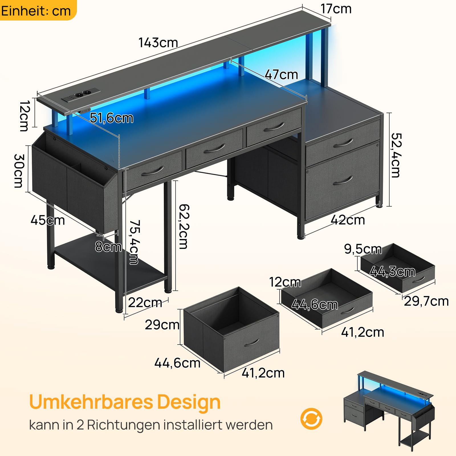 Rolanstar Schreibtisch mit Steckdose, Computertisch mit 5 Schubladen, LED, Aufbewahrungstasche & Monitorständer, Moderner Eckschreibtisch für Homeoffice & Gaming (Schwarz)