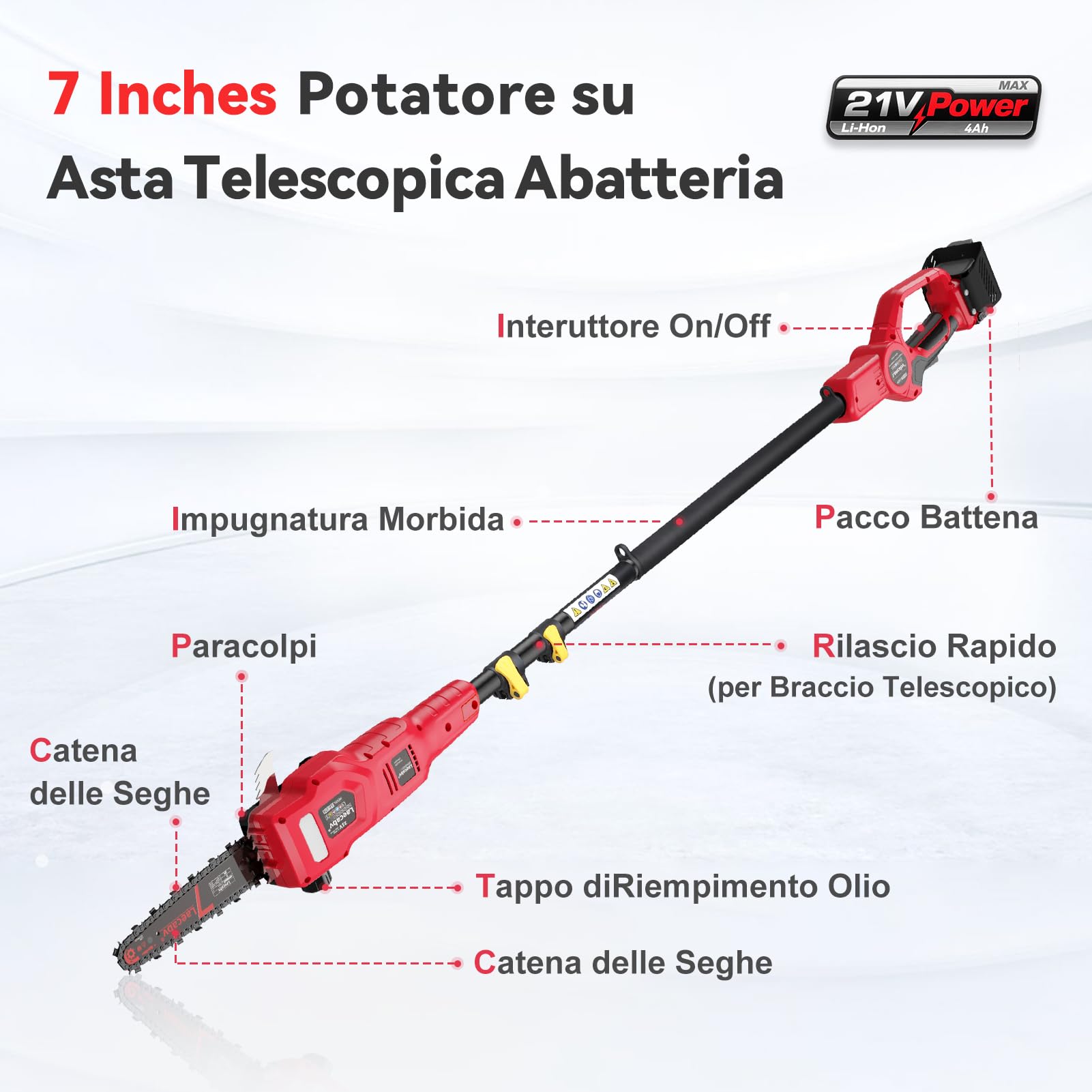 Laecabv Potatore Telescopico,sega ad asta telescopica,Sega Potatrice Elettrica,Batteria 21V 4Ah e Caricabatterie,Diametro di taglio 18cm,Velocità Catena 8m/s,Auto-Lubrificante,espandibile fino a 300cm
