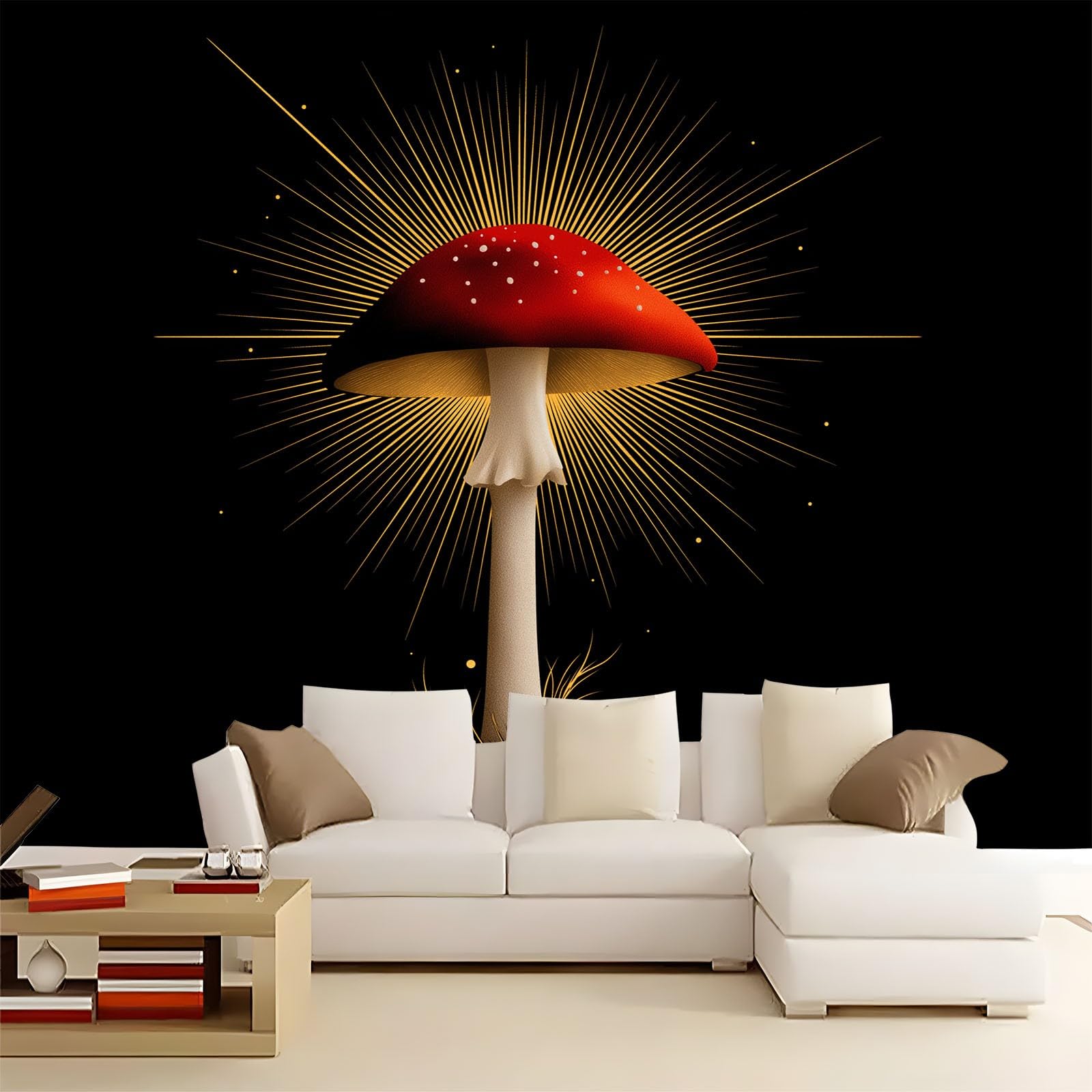 Generico Tapeta z efektem 3D elegancka czerwona roślina grzybowa, czarna dekoracyjna tapeta panoramiczna - do salonu przedpokoju biura 350 x 256 cm (szer. x wys.)