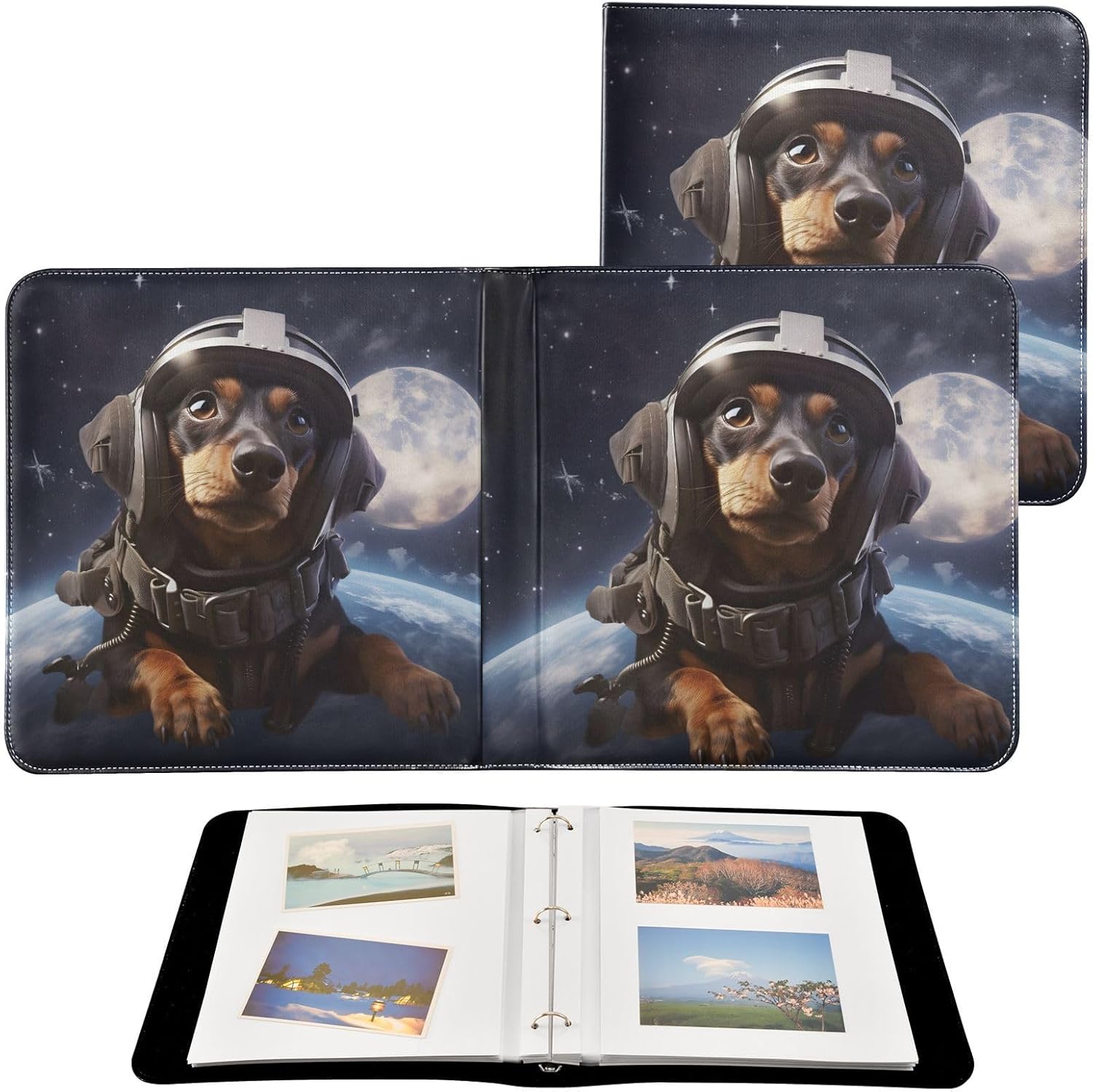 JIPONI Dog Astronaut Large Photo Album, DIY Leather Cover Scrapbook Albums for 4x6 5x7 6x8 Pictures, Self Adhesive Memory Book for Wedding, Baby, Family