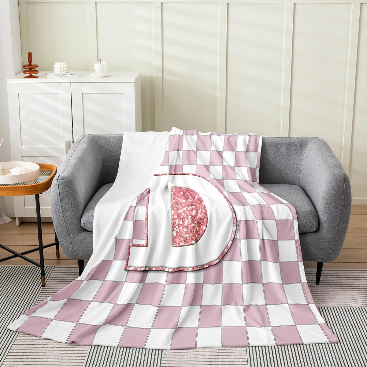 Erosebridal Pink Initial D Flannel Blanket Kawaii Plaid Checkered Fuzzy Plush Throw Cute Personalized Monogram Fleece Blanket for Kids Girls,Fashion Grids Gingham Decor for Bed Couch Queen 90"x90"