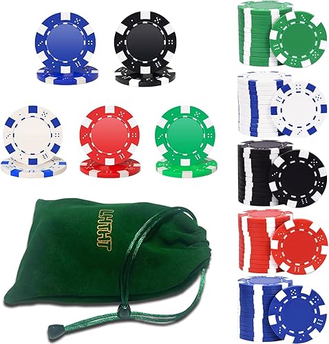 Juego de fichas de póquer, fichas de póquer de 0.41 oz, juego de póquer con bolsa de terciopelo cian, para aprender a contar, Texas Hold'em,