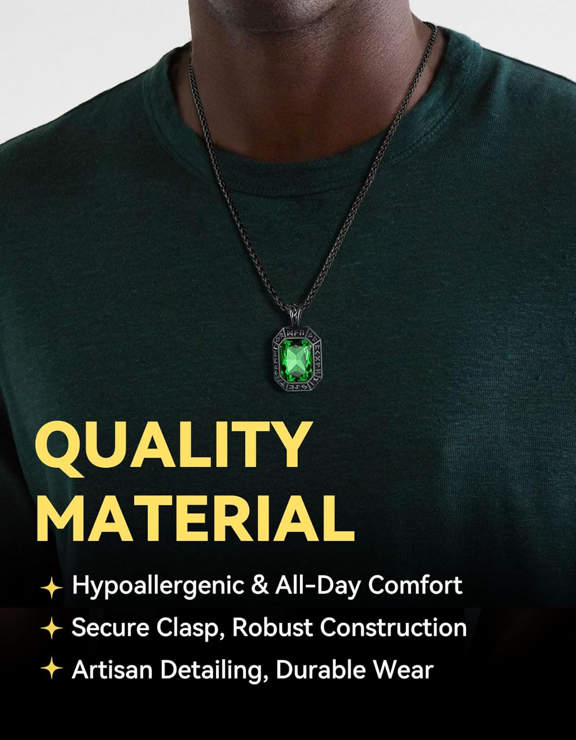 ChainsHouse Viking Rune Pendant Necklace for Men Women, Punk Biker Black Metal/316L Stainless Steel Onyx Norse Vintage Amulet Necklaces with Black/Red/Green/Blue Gemstone, Send Gift Box - Image 2