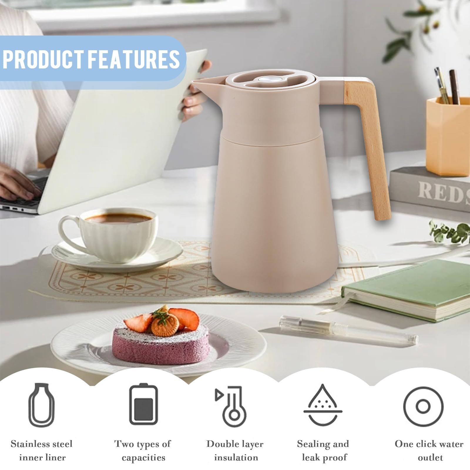 Thermoskanne Kaffeekannen Edelstahl 18/10, Vakuum Isolations, Grosse Kapazität, Mit Holzgriff, Thermosflasche Für Heißen Und Kalten Tee Kaffee, Isolierkanne, Für Home Office Hotel (Khaki,1.5L)