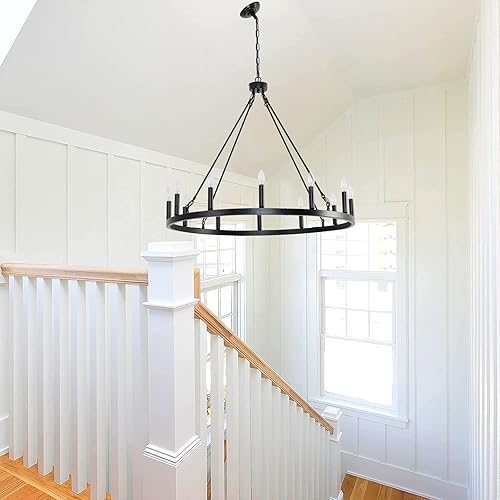 Vista 52 de Candelabro de iluminación de rueda de carro, 6 luces con pantalla de vidrio semillado, lámpara redonda de madera para cocina, isla de vestíbulo