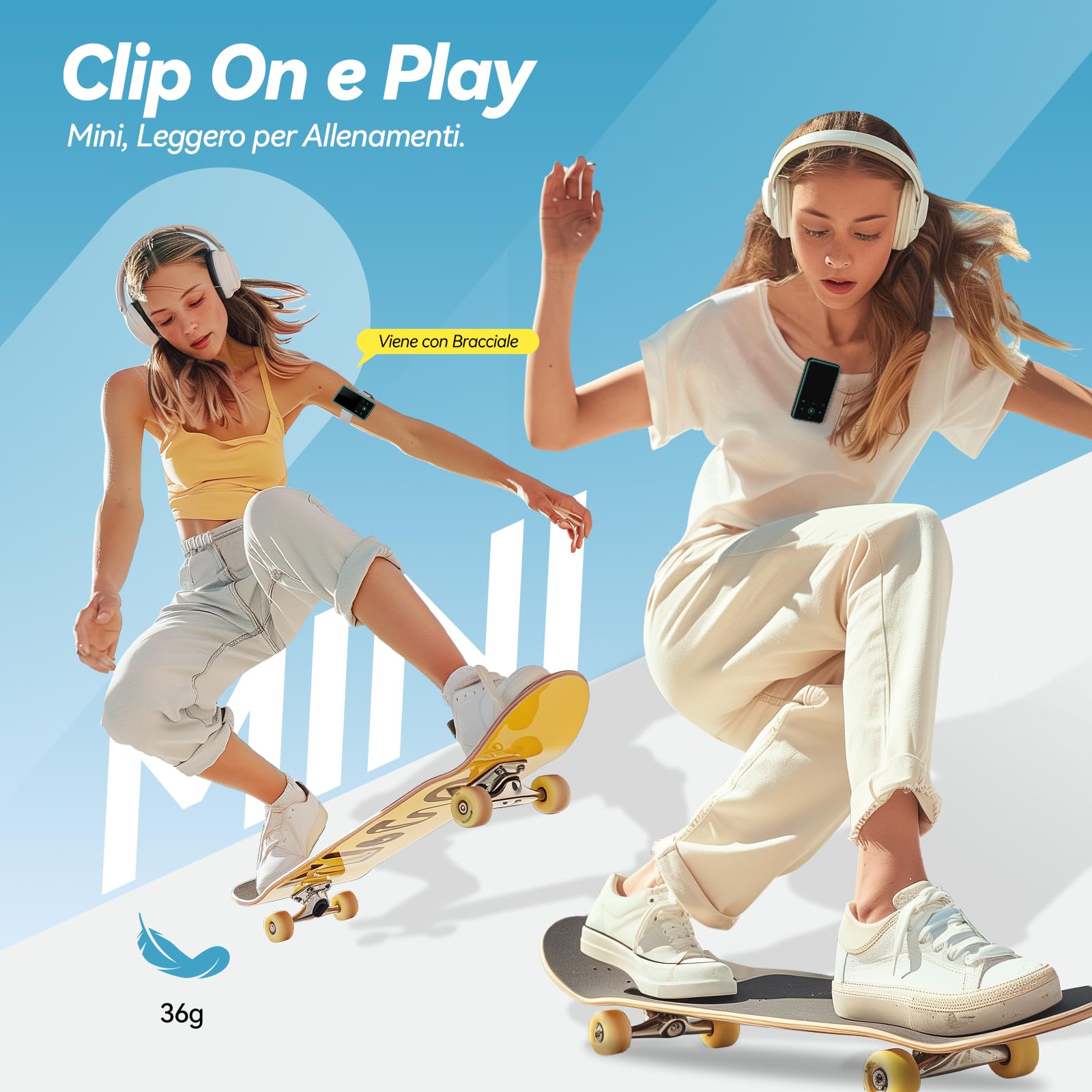 AGPTEK 64GB Lettore MP3 Bluetooth 5.3 con Clip,1,8" Lettore Musica Sport | con Riconnessione Bluetooth, Pulsante Volume, Radio FM/Podometro, Ultra-leggero 36g, Mini Lettore per Corsa