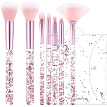 7 Pcs Makeup Brushes for Women, Cute Pink Makeup Brushes Crystal Sparkles Fan Blush Foundation Powder Lip Highlight Eye Shadow Eyebrow Brush Set With Sequins Handle Professional for GirlPink