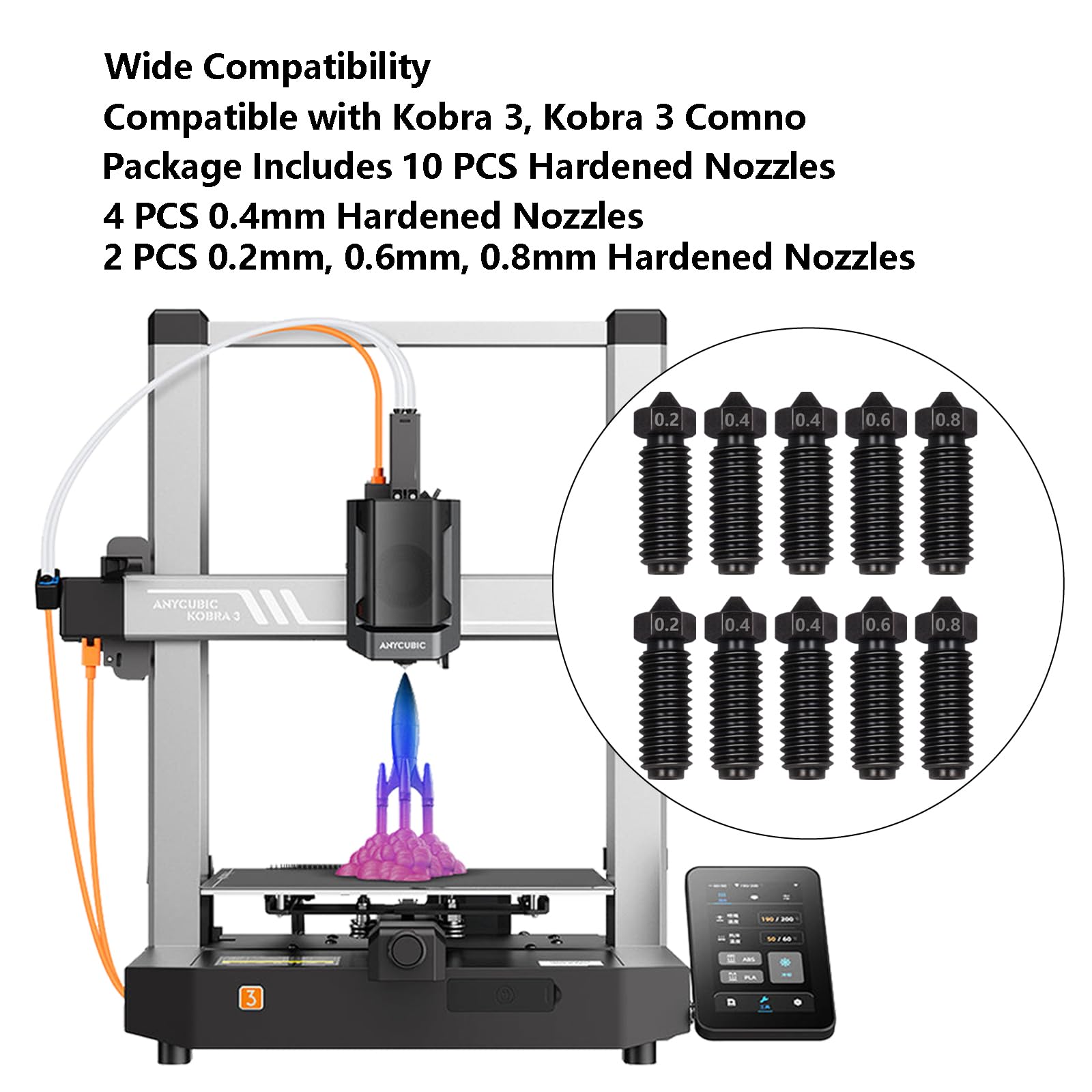 Hardened zestaw dysz do Anycubic Kobra 3, 4 szt. 0,4 mm, 2 szt. 0,2 mm, 0,6 mm, 0,8 mm, odporność na wysokie temperatury 1,75 mm, zestaw dysz ze stali hartowanej do Kobra 3, Kobra 3 Combo