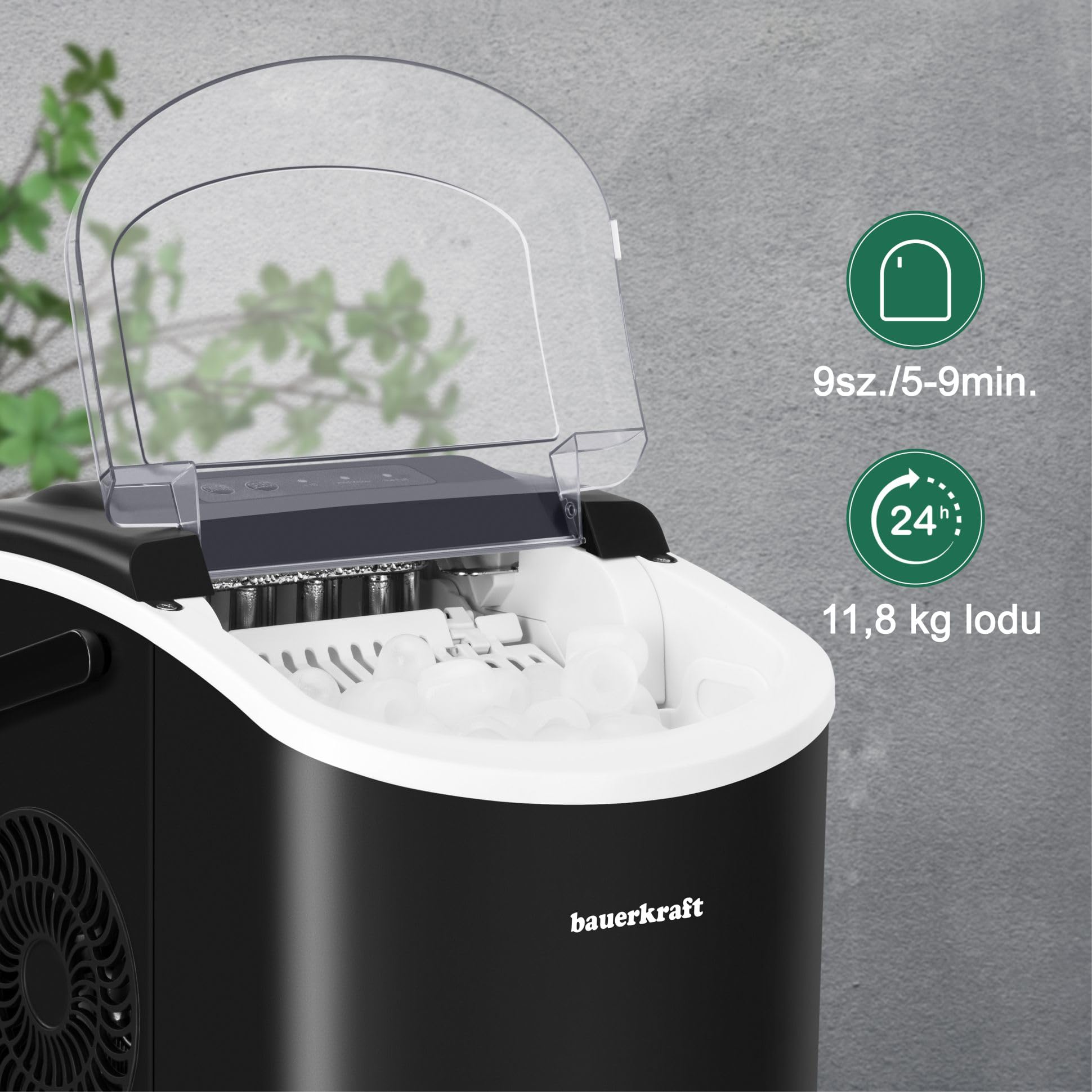 Automatyczna cicha wydajna kostkarka do lodu Bauerkraft prosta obsługa 12kg/24h czarny