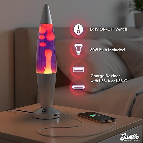 Miniatura 3 de JAMBO Hermosa lámpara de movimiento líquido de 16 pulgadas con USB, color morado con cera amarillanaranja para adultos, adolescentes y niños,