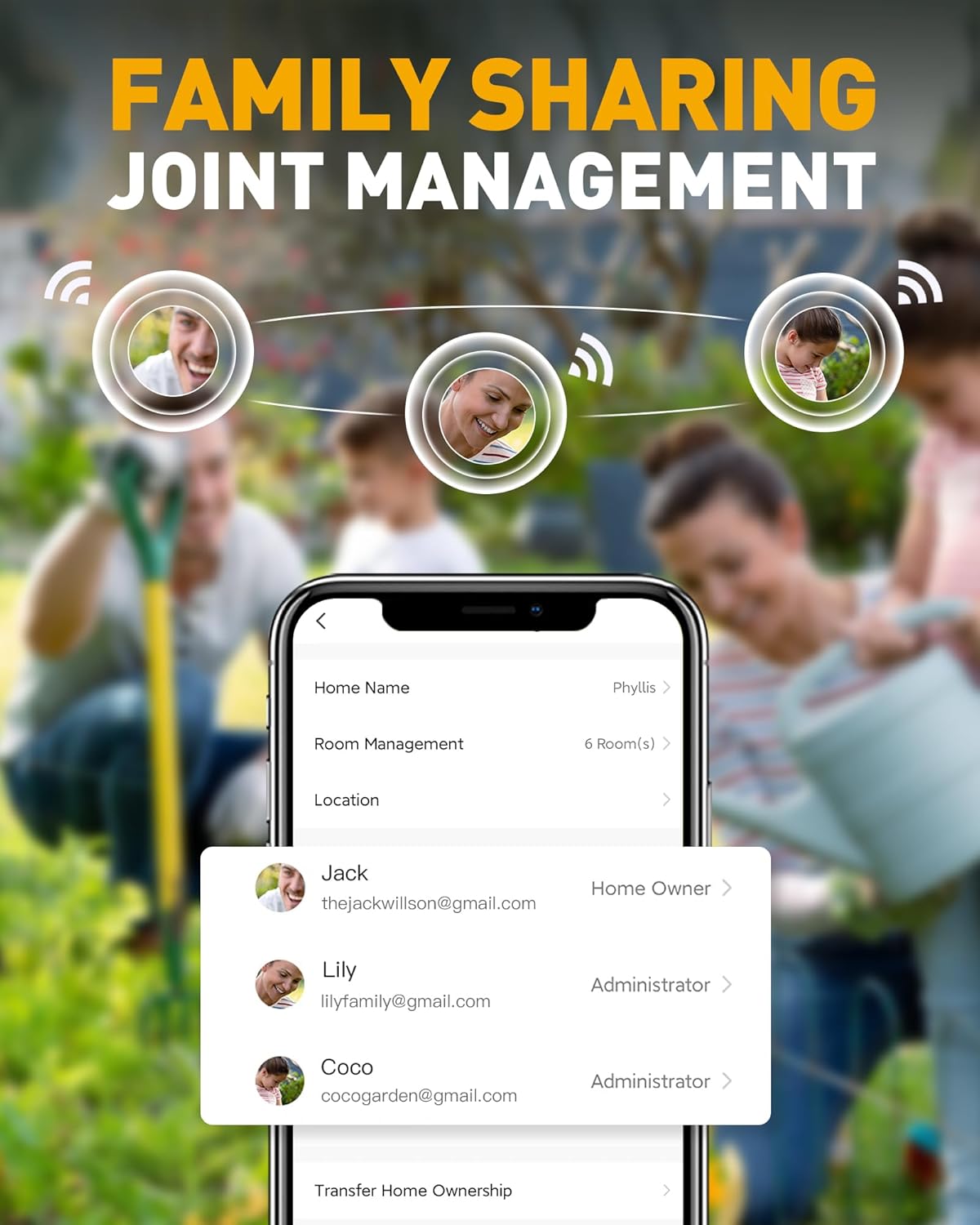 Smartphone-skærm, der viser familiedelingsfunktionen i RAINPOINT-appen, så flere brugere kan administrere vandingssystemet.