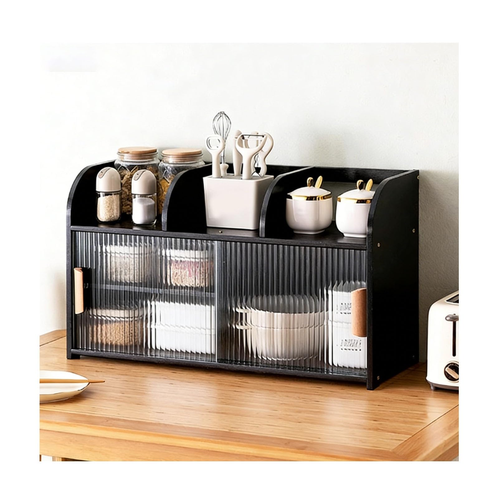 BHGFYXBS Bamboo Kitchen Sto Cabinet With Sliding S Doors Adjustable Pantry Freestanding Dining Room Countertop Unit,Black-67X39X25Cm/26X15X10In,Black-67x39x25cm/26x15x10in