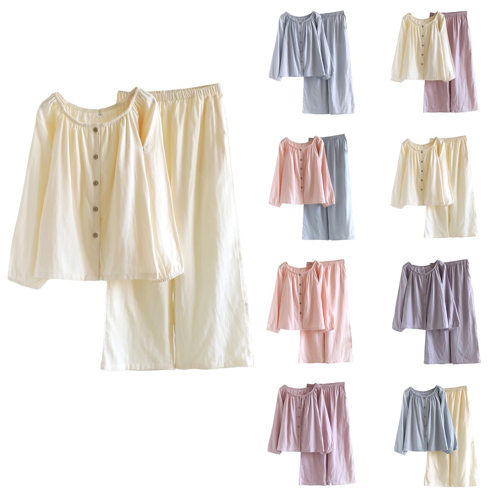 Pigiama da donna in cotone, vestibilità ampia, con bottoni, a maniche lunghe, con bottoni, set da notte in 2 pezzi, comodo, tinta unita, con pantaloni a gamba larga, set morbido