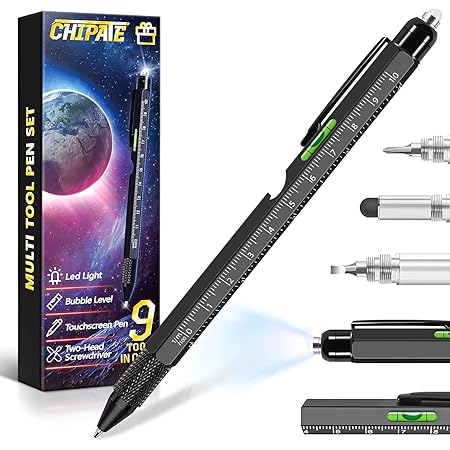 Vicloon Penna multiuso 6 in 1, gadget multiuso per uomini, papà, nonno, include penna a sfera, stilo touchscreen, righello, portachiavi, cacciavite piatto e Phillips, regalo per papà (nero + argento