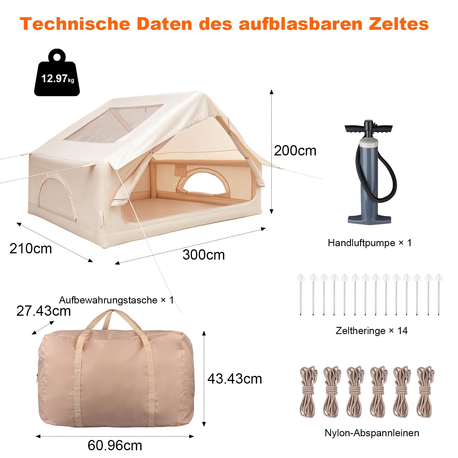 Aufblasbares Campingzelt, 300×210×200cm für 3-4 Personen, wasserdichtes 210D Oxford Gewebe, UV-Schutz, Handpumpe Heringe, Schnellaufbau in 3-5 Minuten, für Familiencamping, Outdoor Abenteuer