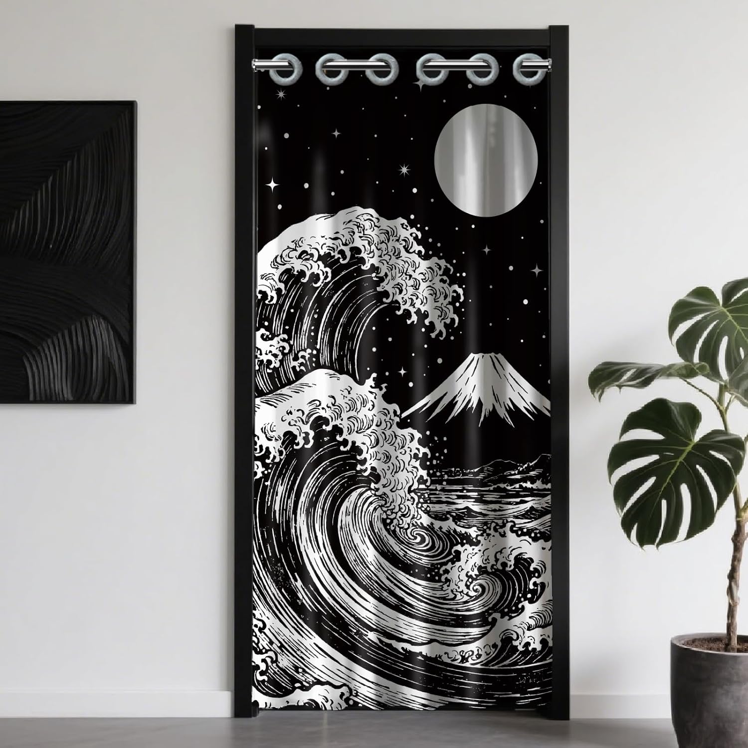 CHGCRAFT Wave Door Curtain for Doorway Japanese Style Doorway Curtain Moon Room Divider Curtains with Plastic Rings Folding Doors Curtains for Closet Door Bedroom Living Room Doorway, 39x79 Inch