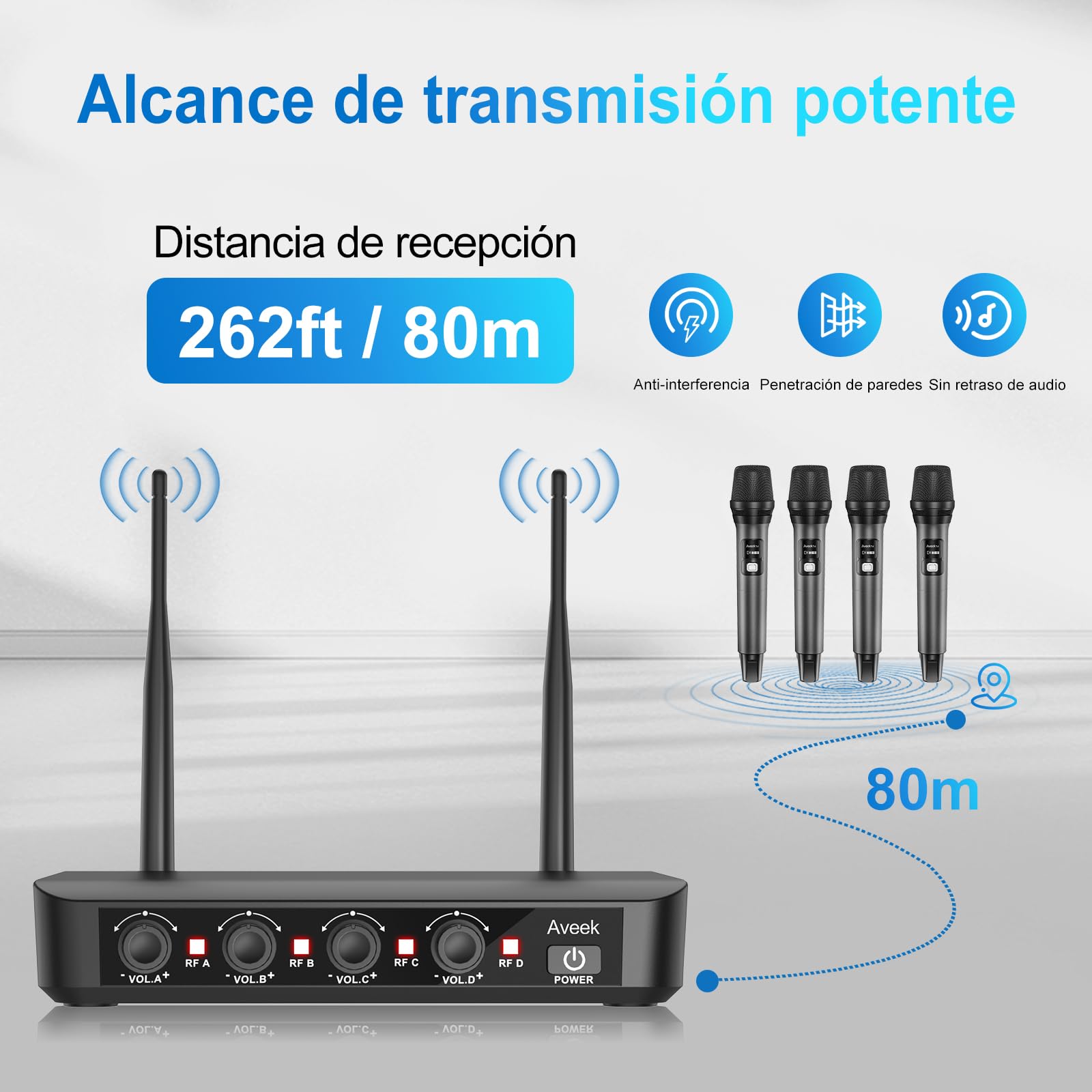 Aveek Sistema de Micrófono Inalámbrico con 4 Micrófonos de Mano Dinámicos, Alcance 80m, Batería 40 Horas, Sonido Estudio Baja Latencia para Karaoke, Canto, Discurso, Iglesia, Escenario, Boda, DJ