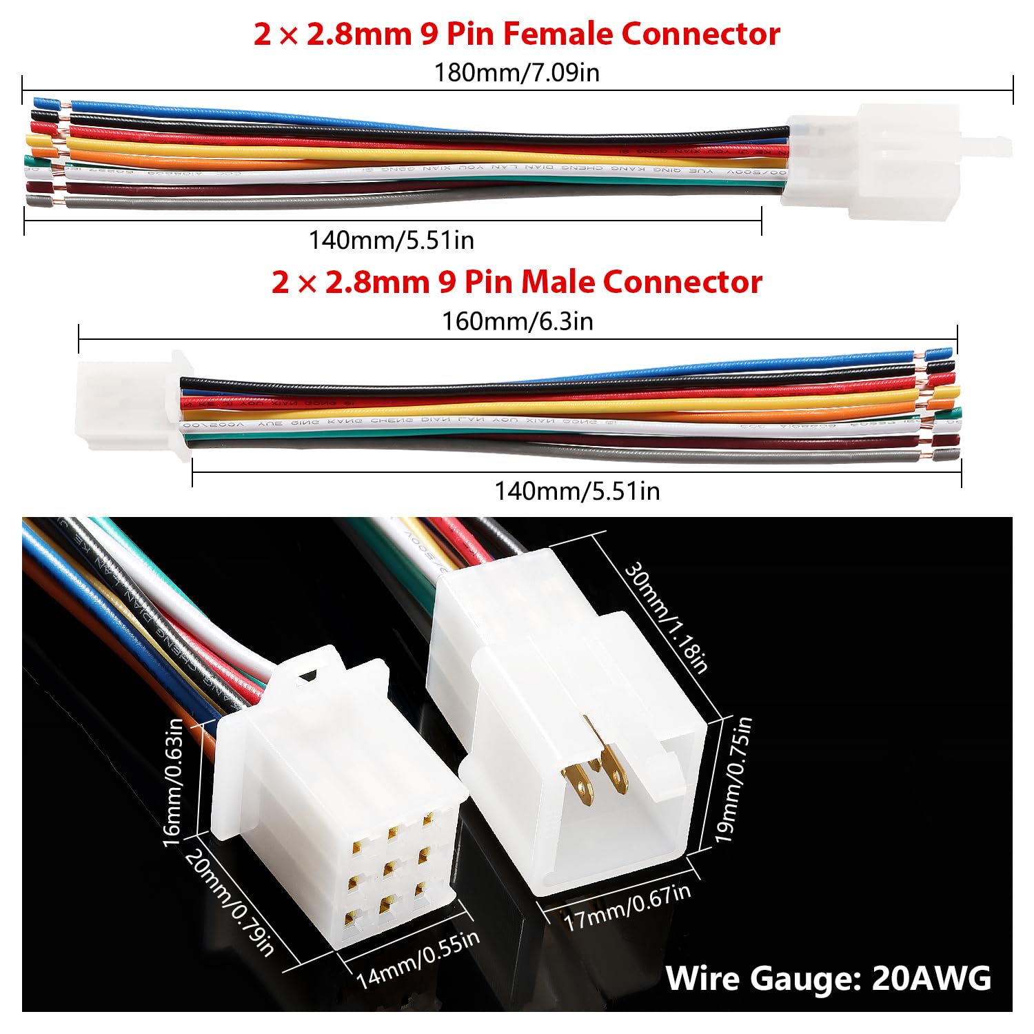 YIXISI 2 works 2.8mm 9 Pin Automotive Electrical Wire Connectors, Male and Female Housing Connector with 140mm 20 AWG Cable - Image 2