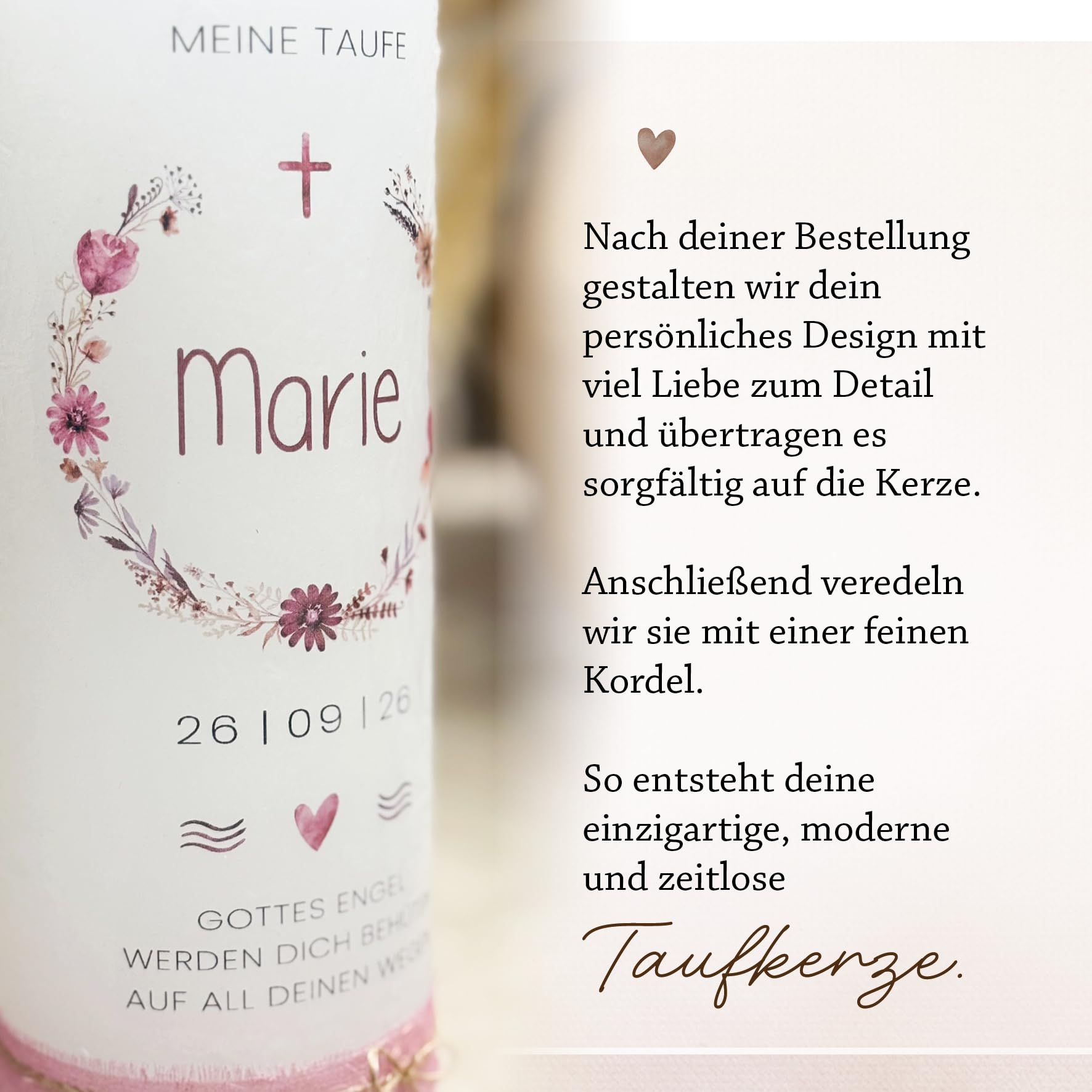 Personalisierte Taufkerze mit Name & Datum | Rustikkerze 7x20 cm | Geschenk zur Taufe Mädchen Junge | Individuelle Kerze mit Spruch | Kranz Motiv (Brombeer)