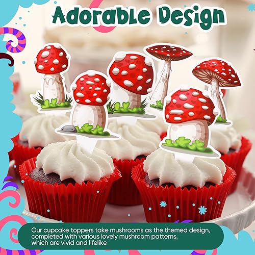 Miniatura 4 de Didaey 48 piezas de decoración de hongos para cupcakes para fiesta de cumpleaños de hongos, suministros de decoración de pastel de fiesta del país