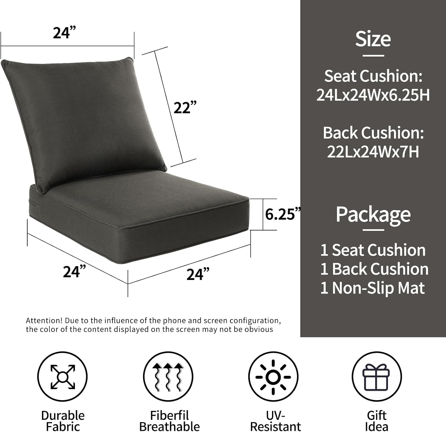 Outdoor/Indoor 24Lx24W Chair Cushion Set, All Weather Spring/Summer Deep Seat Patio Furniture Replacement Cushions Set(Back and seat) - Black