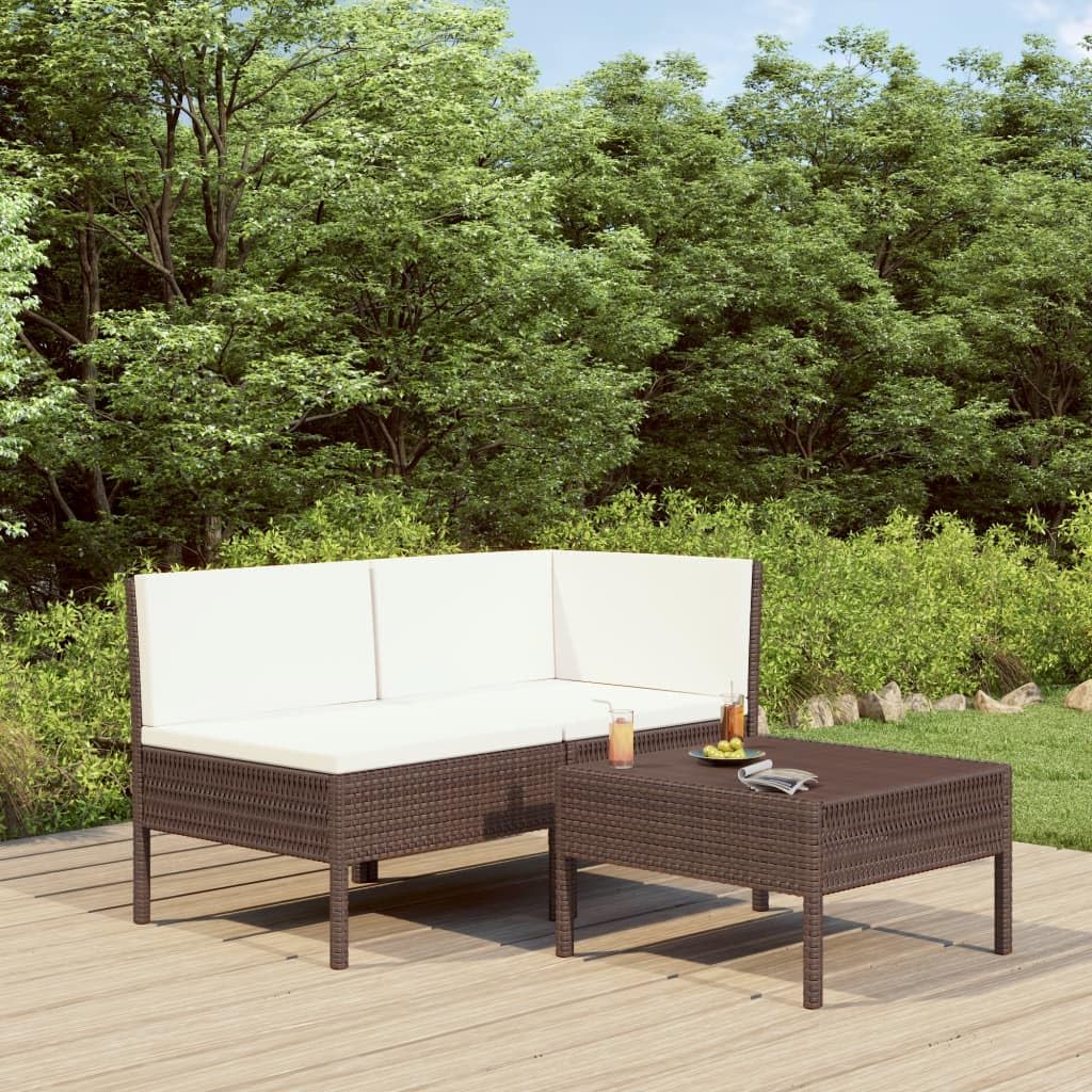 vidaXL Divani da Giardino Set 3pz con Cuscini Salotto Sofà Dormeuse Canapè Ottomana Divanetti Poltrone Sedute Arredo in Polyrattan Marrone