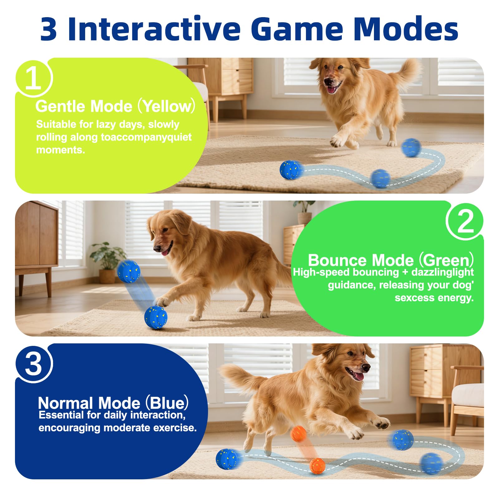 Balle Interactive Chien, Jouet Chien Balle, Balle Chien Qui Bouge Toute Seule, USB Rechargeable Intelligent Jouets pour Chiens 3 Modes interactifs, pour Chiots à Grands Chiens(Blau)