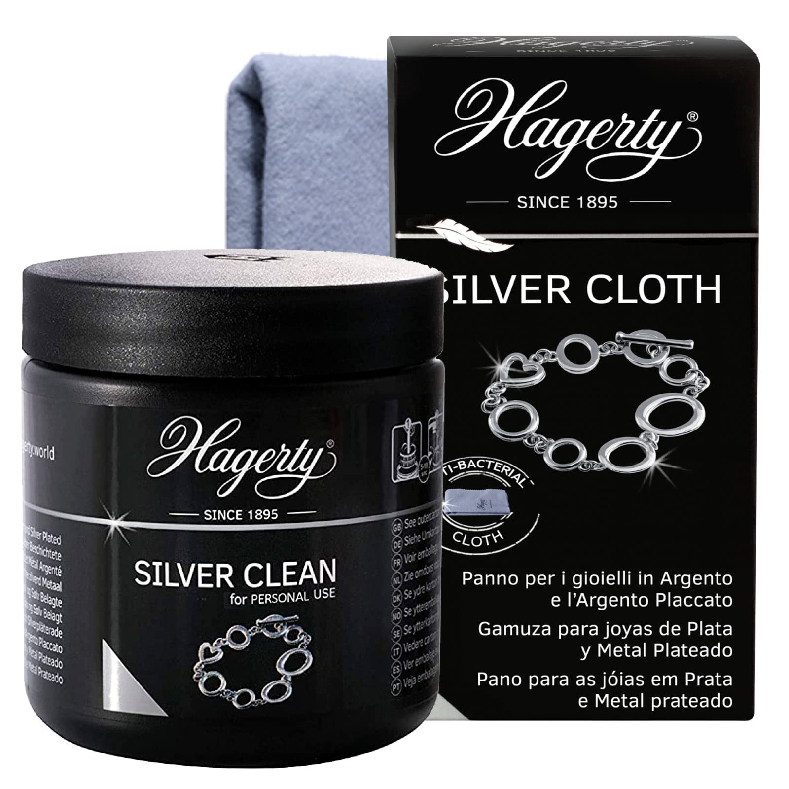 Hagerty Silver Clean Pulitore per Gioielli in Argento Barattolo da 170 ml + Silver Cloth Panno Pulente 36x30cm