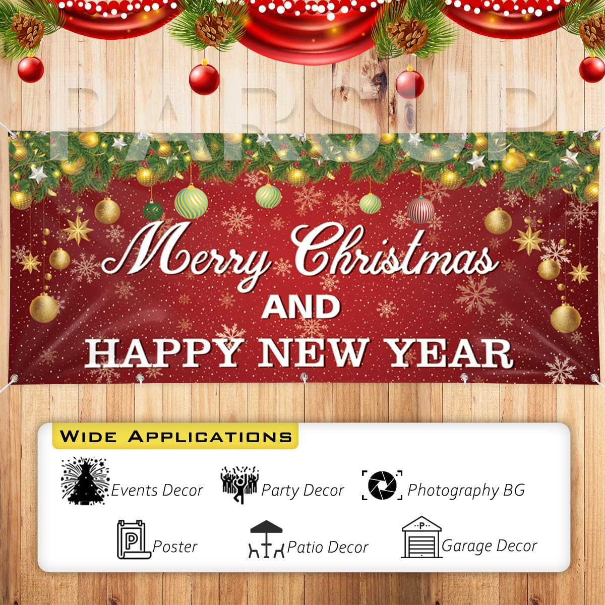 Christmas Garage Door Banner, 16ft x 7ft Merry Christmas Garage Cover Large Xmas Party Background Decoration for Photography, Holiday Photo Booth Props Outdoor Hanging Decor for Winter Supply