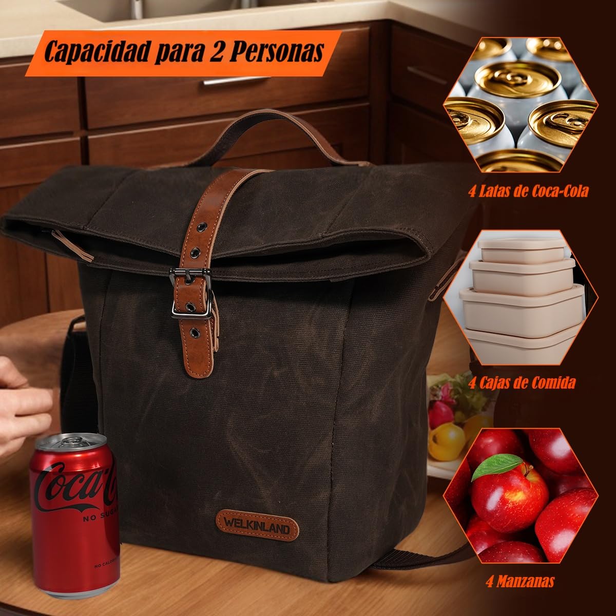 WELKINLAND Bolsa de almuerzo de lona encerada con aislamiento 6H, a prueba de fugas, bolsa de almuerzo de lona resistente, bolsas de almuerzo para hombres, bolsas de almuerzo marrones, bolsa de