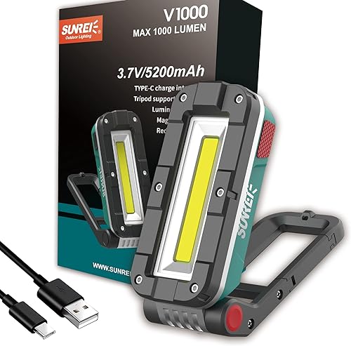Vista 9 de SUNREI Luces de trabajo magnéticas recargables LED COB, 1100 lúmenes, base magnética y colgante, 7 modos, linterna magnética para lugar de trabajo