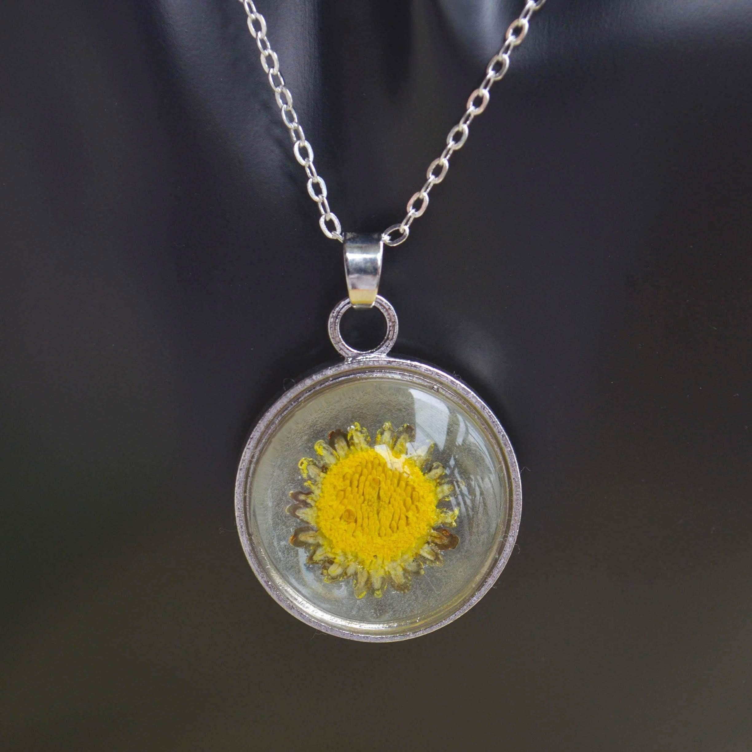 Sunflower Helianthus Real Flowers Glow in the Dark Floating Locket Pendant Copper Chain Necklace