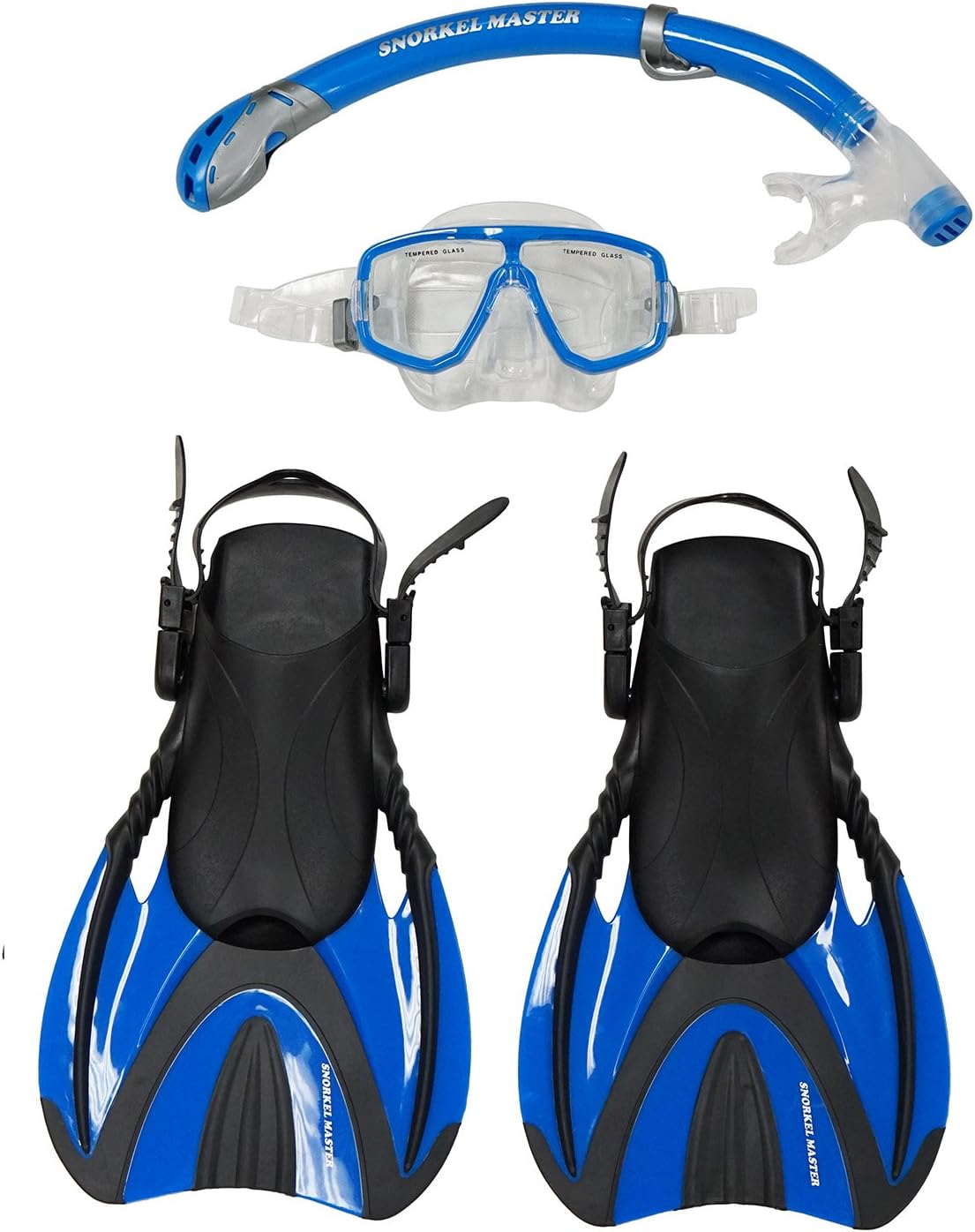Snorkeling Mask & Fins Set with Dry-Top Snorkel – Panoramic Anti-Fog Tempered Glass Mask & Adjustable Open-Heel Fins for Adults – Ideal for Swimming, Beach & Reef
