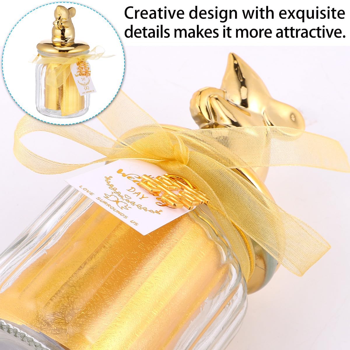 LABRIMP Glass Candy Jar with Gold Plated Sealed Lid, Ceramic Animal Cover, Glass Dessert Storage Bottle for Party Favors and Holiday Snacks