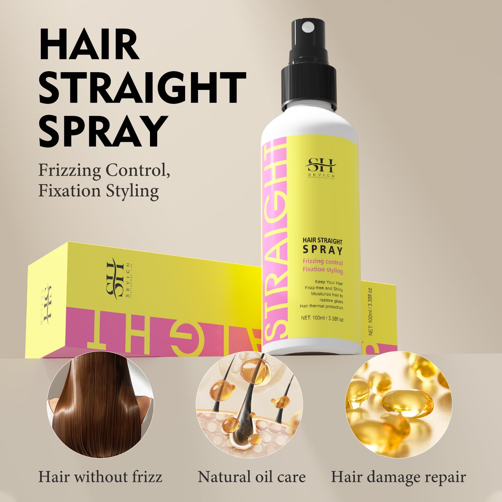SEVICH Professional Hair Straightening Spray with Heat Protection 450°F - Fixation Styling & Frizz Control for All Hair Types - Collagen Infused 100ml (PRO LINE)