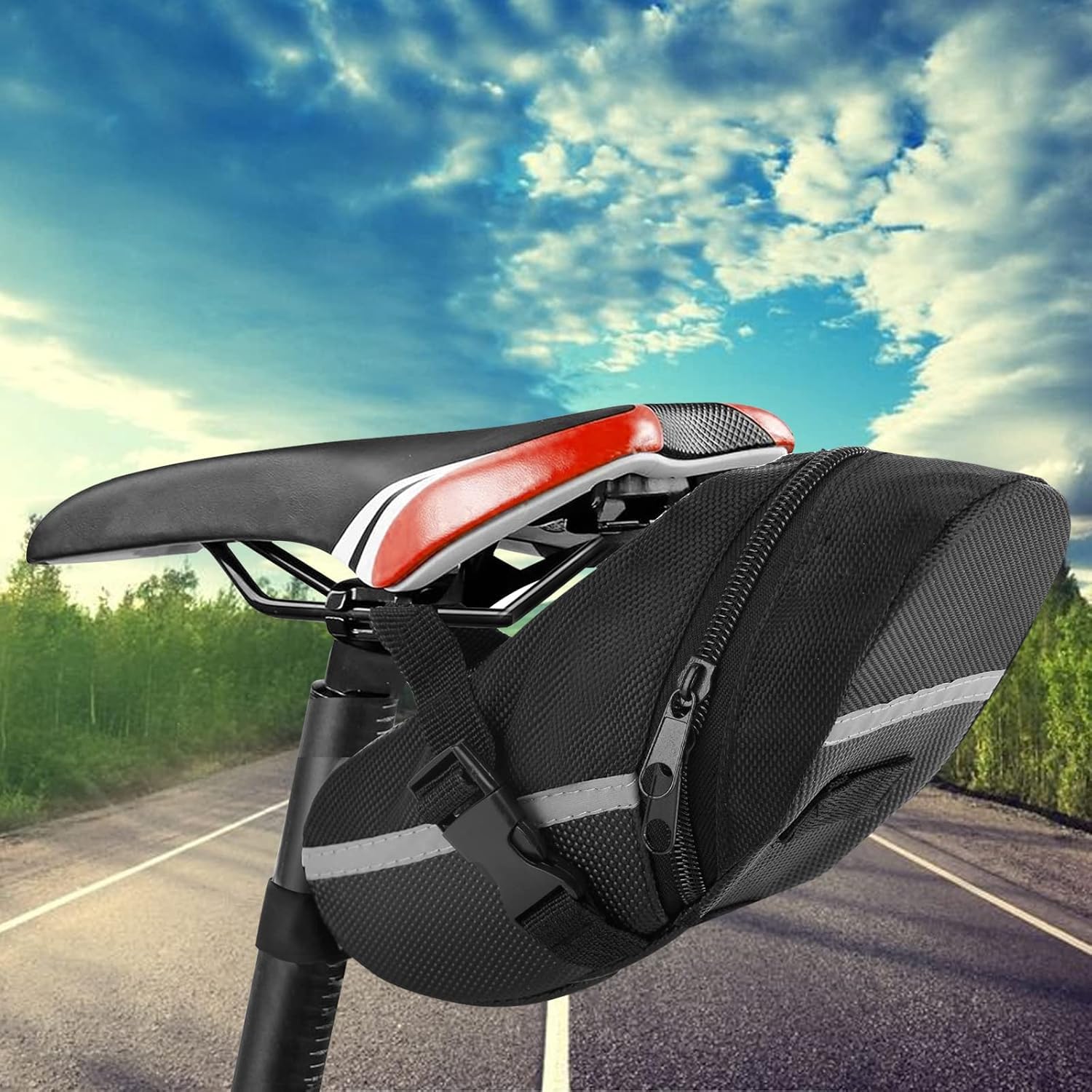 1 bolsa para sillín de bicicleta, con reflectante para un paseo de seguridad, bolsa de sillín de bicicleta debajo del asiento, paquete de asiento de ciclismo para bicicletas de montaña y