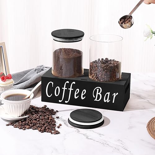 Miniatura 2 de Contenedores de café de vidrio herméticos para almacenamiento de granos de café con estante, 2 unidades de 44 onzas, organizador de estación de