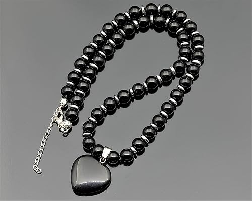 Miniatura 4 de ElisaJewelryArt - Natural Black Onyx Heart Pendant Black Onyx Crystal Beaded Necklace Genuine Gemstone Energy Stone Clasp Closure Necklace Unisex