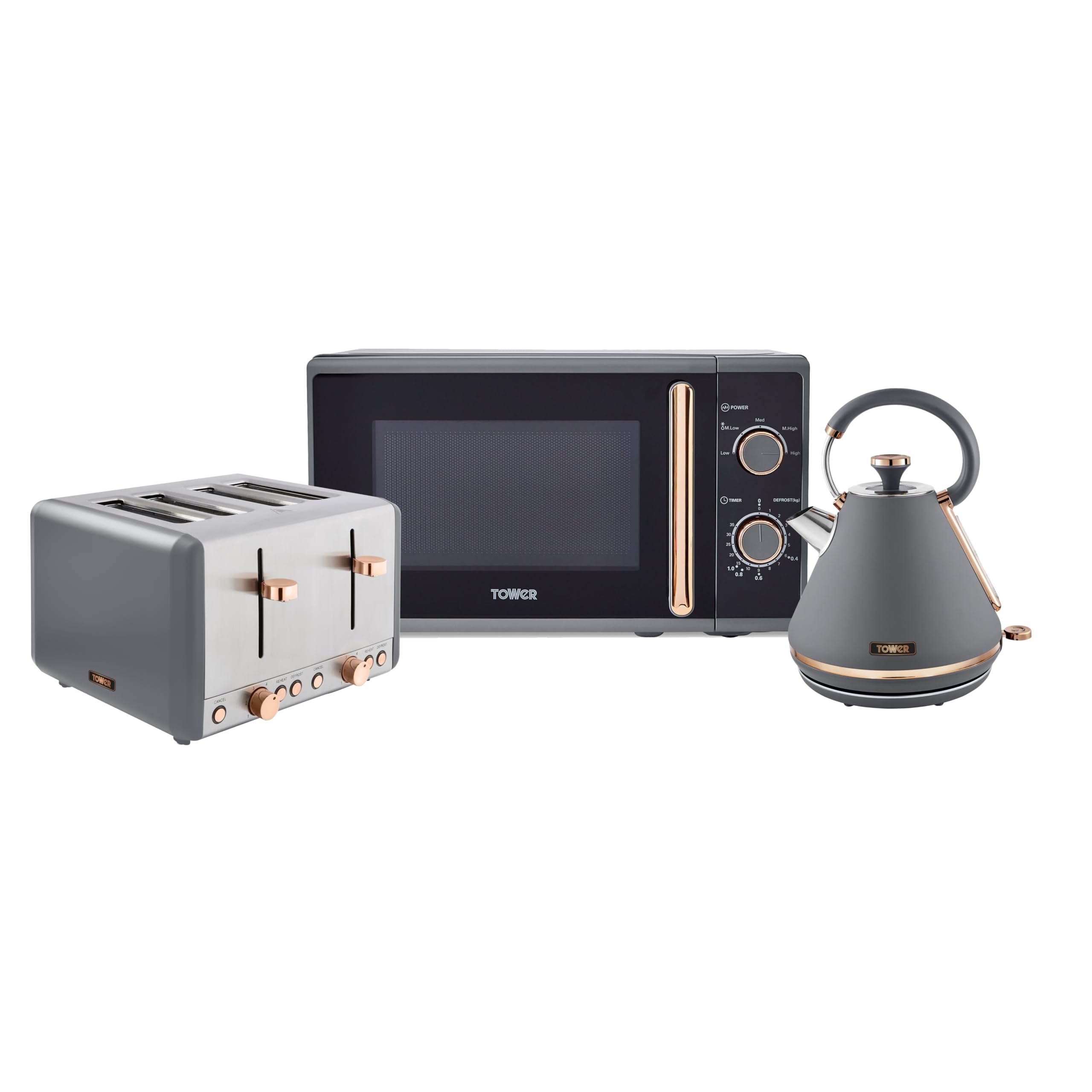 Tower Cavaletto Kitchen Set, 1.7L Rapid Boil Kettle & 4 Slice Toaster & 20L Manual Microwave, Grey and Rose Gold, T10044RGG, T20051RGG, T24038RGG