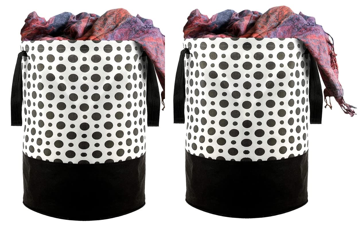 Round Canvas Black & White Polka Dot 45 L Laundry Bag/Hamper Durable Collapsible Laundry Storage Basket for Dirty Clothes Foldable Bin with Side Handle for Clothes, Toy Storage-(Set of 2)