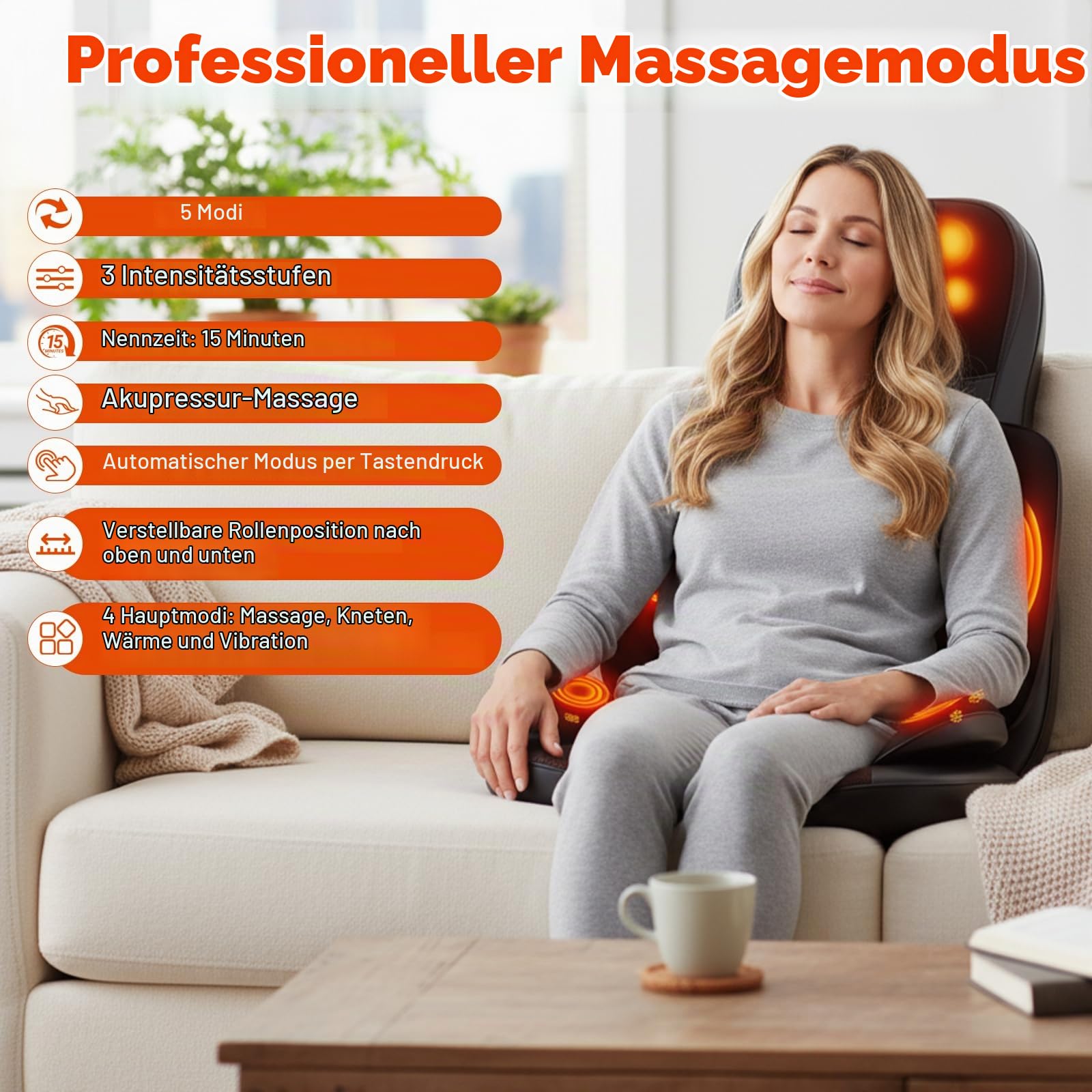 Shiatsu Massagesitzauflage mit Wärmefunktion und Vibration, Stressabbau-Massagegerät für Nacken, Schultern, Rücken, Taille und Beine, Ganzkörper Massagematte für Damen, Herren