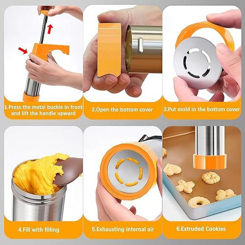 Miniatura 2 de Prensa de galletas de acero inoxidable, juego de hornear de cocina con 13 discos y 8 boquillas de glaseado para creación y decoración de galletas