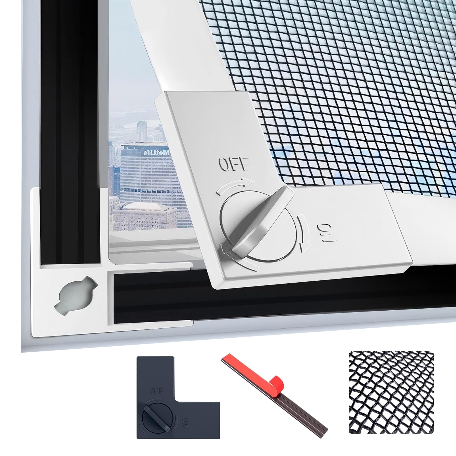 LAIJIANG 100x125cm Adjustable Window Screen - DIY Fly Screen Mesh Trimmable for Frames Up to 95×120cm, Full Frame Wide Magnetic Strip with 4 Locking Clips