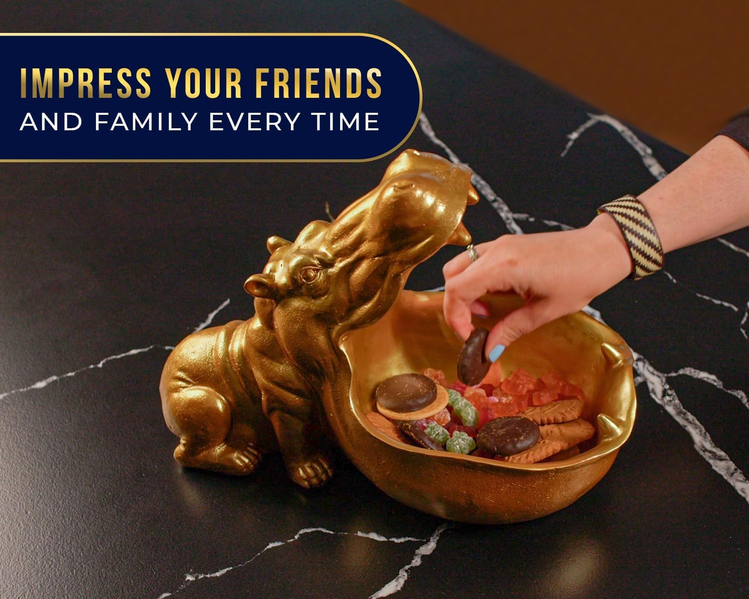 Comfify Hip Hippo Resin Figurine – Funky Hippopotamus Sculpture with Open Bowl Design for Snacks, Keys, or Trinkets – Decorative Holder with Elegant Golden Finish – Playful Accent for Modern Decor